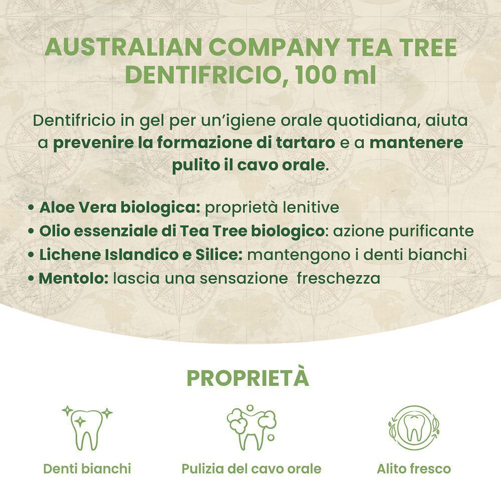 Dentifricio con aloe vera, olio di tea tree, lichene islandico e mentolo per denti bianchi.