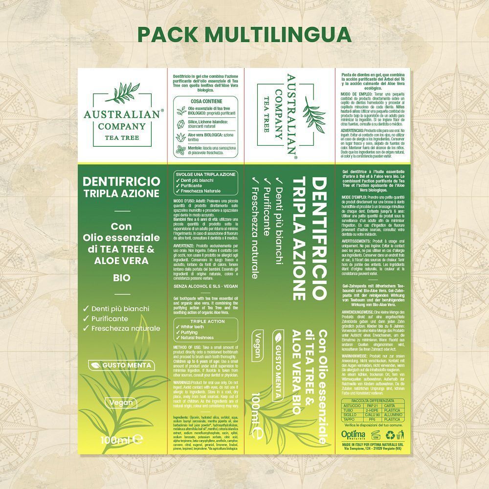 Confezione multilingue per dentifricio con olio di tea tree e aloe vera, 100ml.
