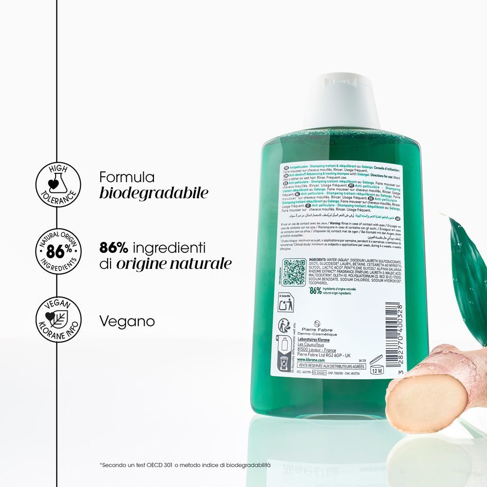 Flacone di shampoo Klorane con sigilli per alta tollerabilità, ingredienti naturali e formula vegana.