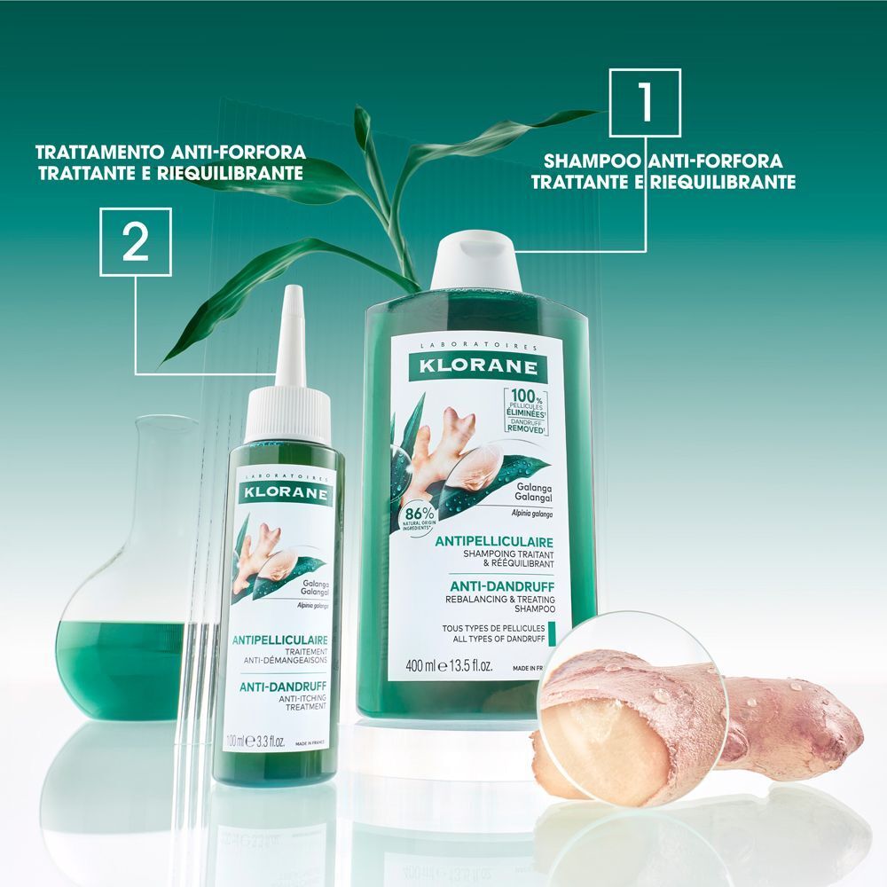 Shampoo e trattamento Klorane antiforfora alla Galanga.