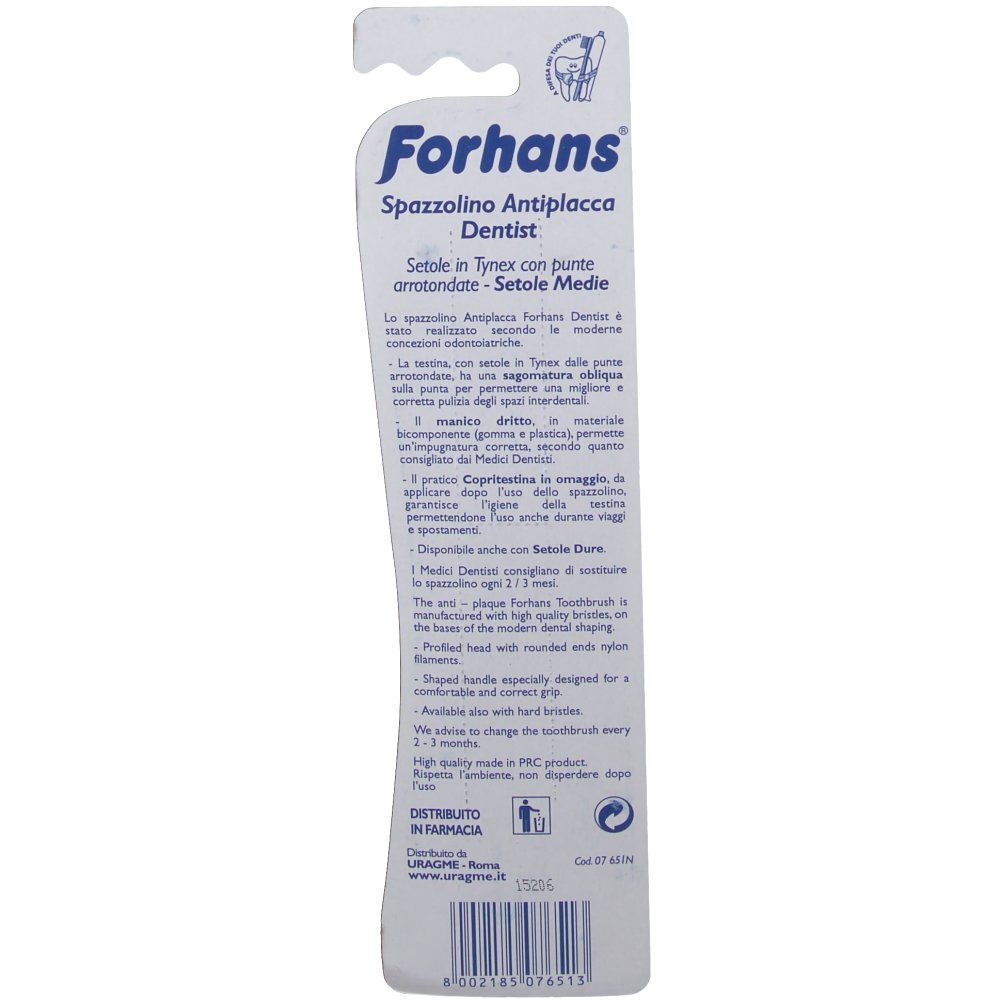 Retro di una confezione di spazzolino Forhans con informazioni sul prodotto e dettagli del produttore.