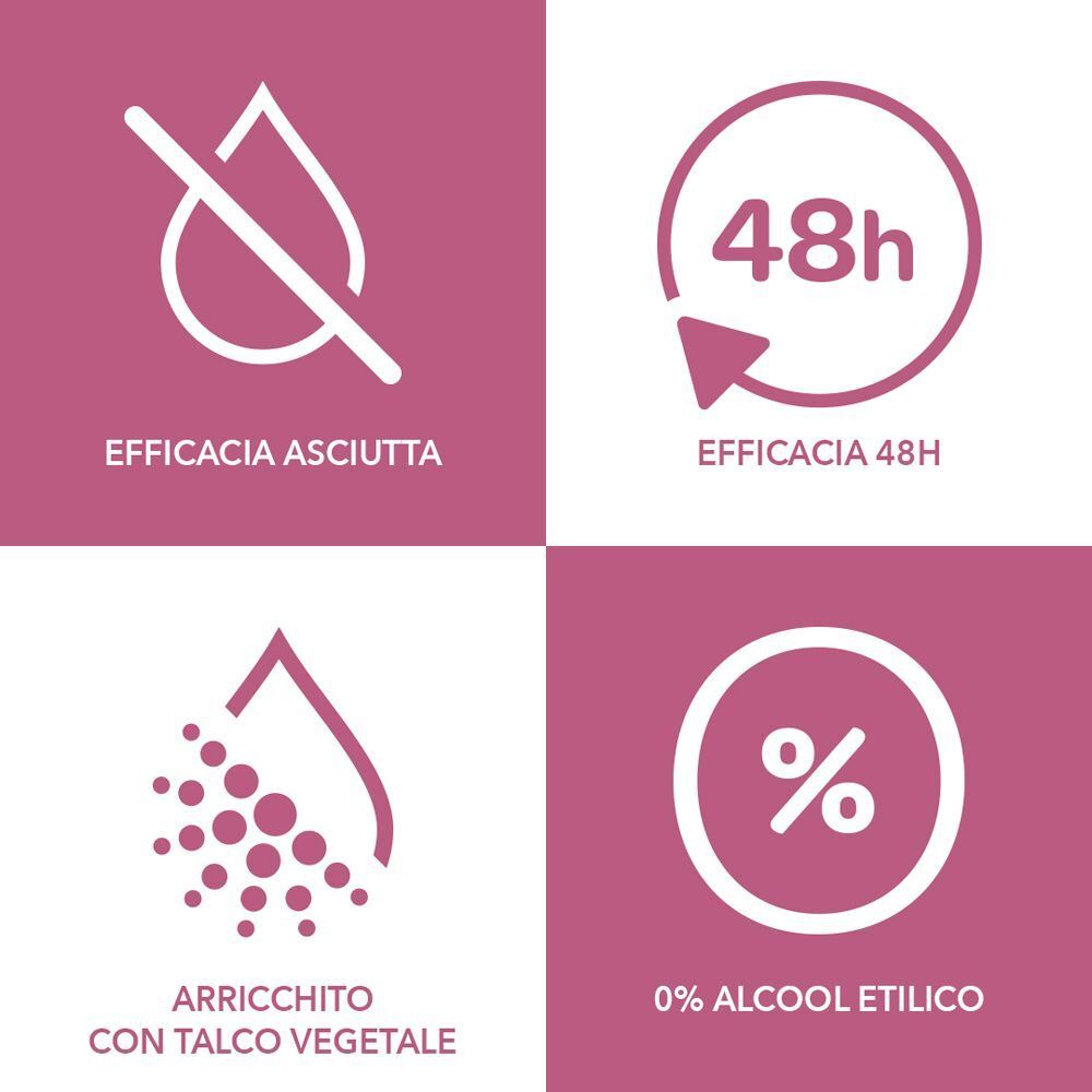 Quattro icone: goccia barrata, 48h, arricchito con talco, 0% alcol.