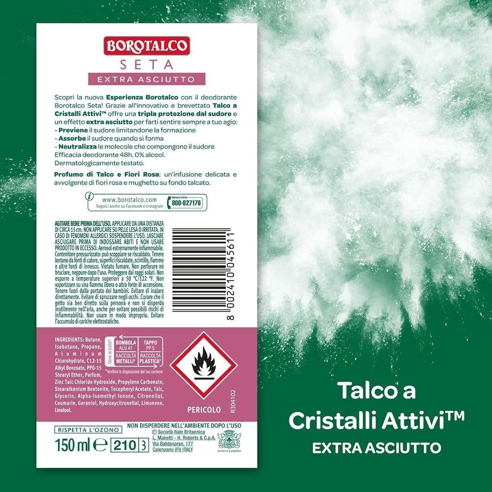 Confezione Borotalco Seta Extra Asciutto con informazioni prodotto e avvertenze.