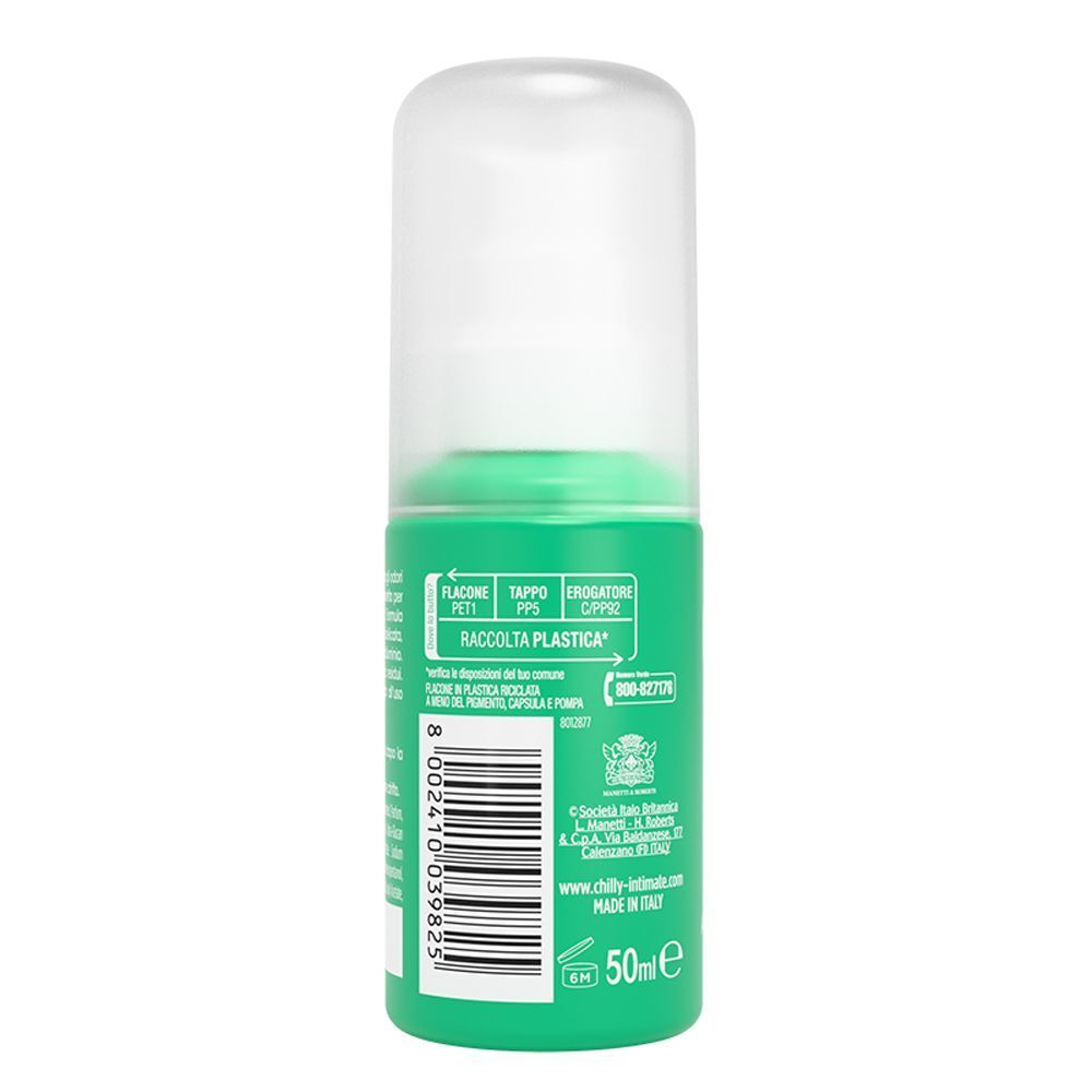 Retro di un flacone Chilly Intimo Deo Fresco con codice a barre e indicazione 50ml.