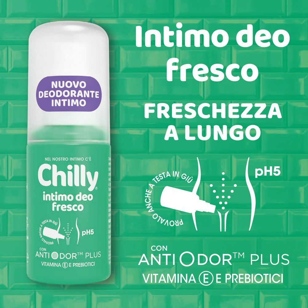 Flacone Chilly Intimo Deo Fresco con testo 'Freschezza a Lungo' e simboli di applicazione.