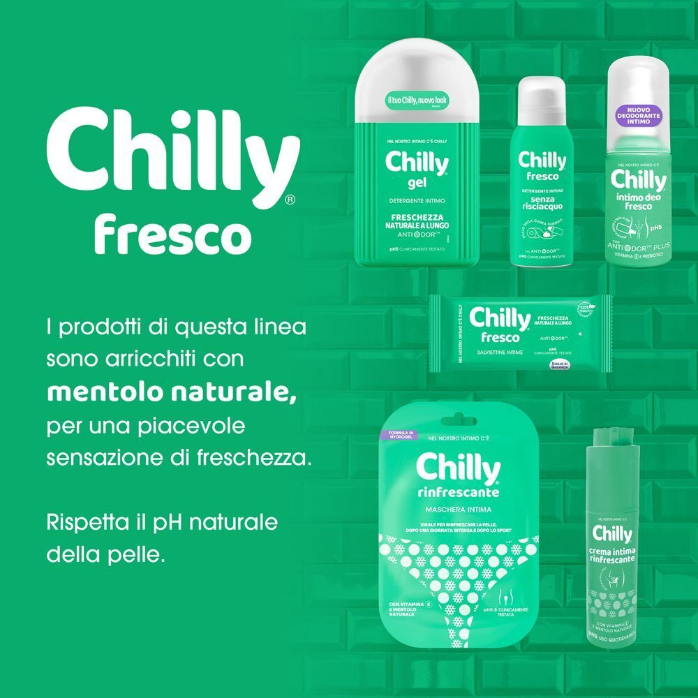 Panoramica dei prodotti della linea Chilly Fresco per l'igiene intima.