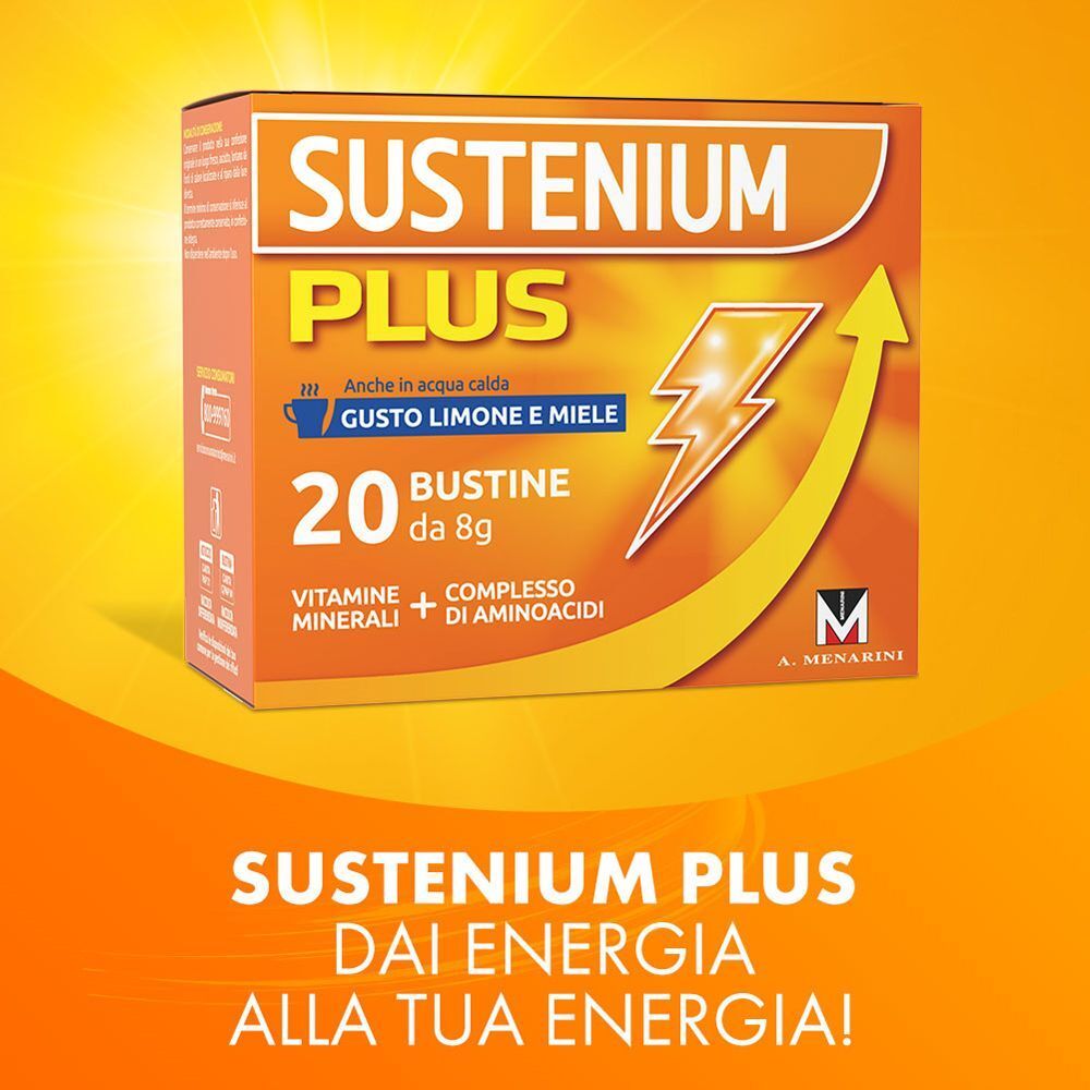Confezione Sustenium Plus, 20 bustine, gusto limone e miele, per energia fisica e mentale.