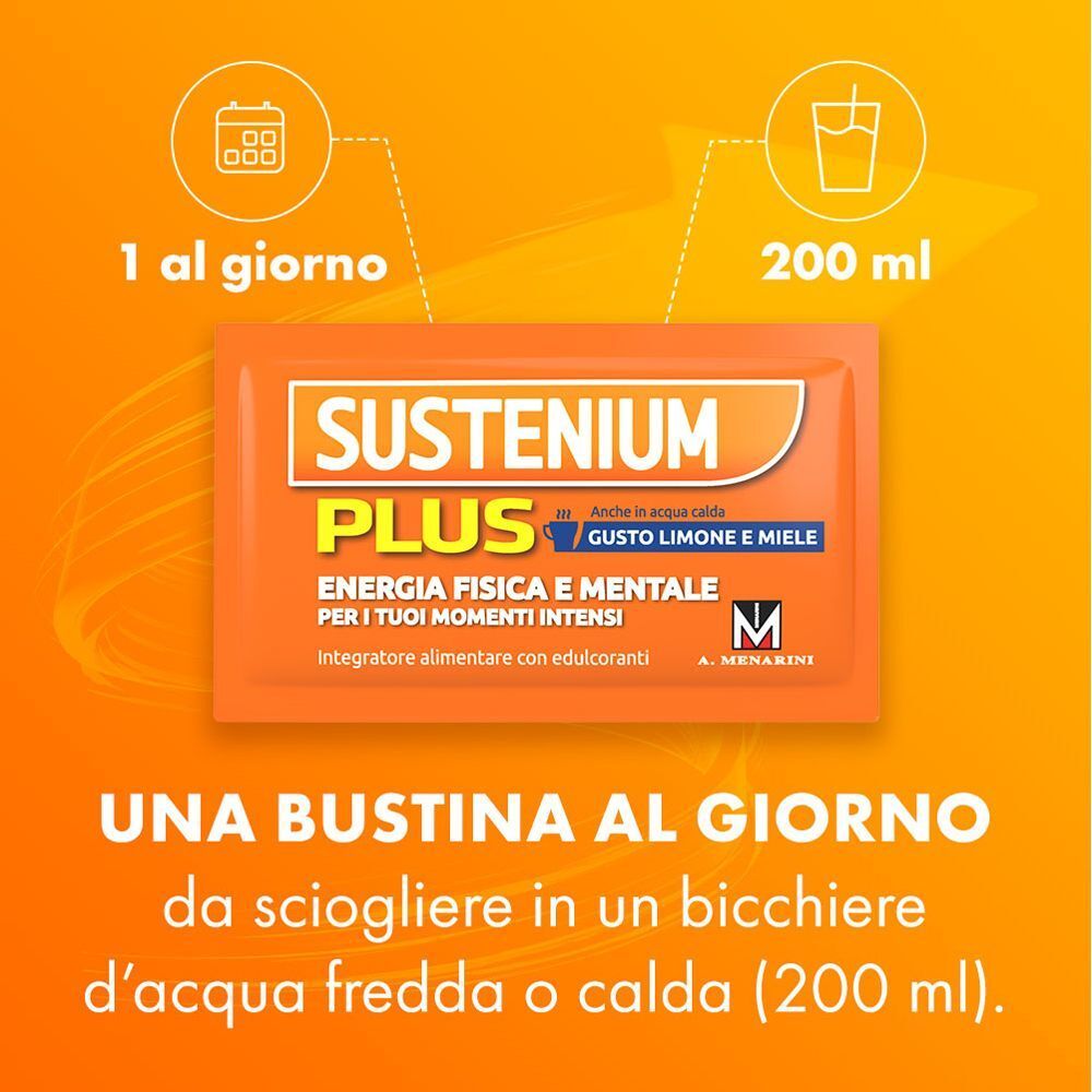 Una bustina Sustenium Plus da sciogliere in acqua, per energia fisica e mentale.