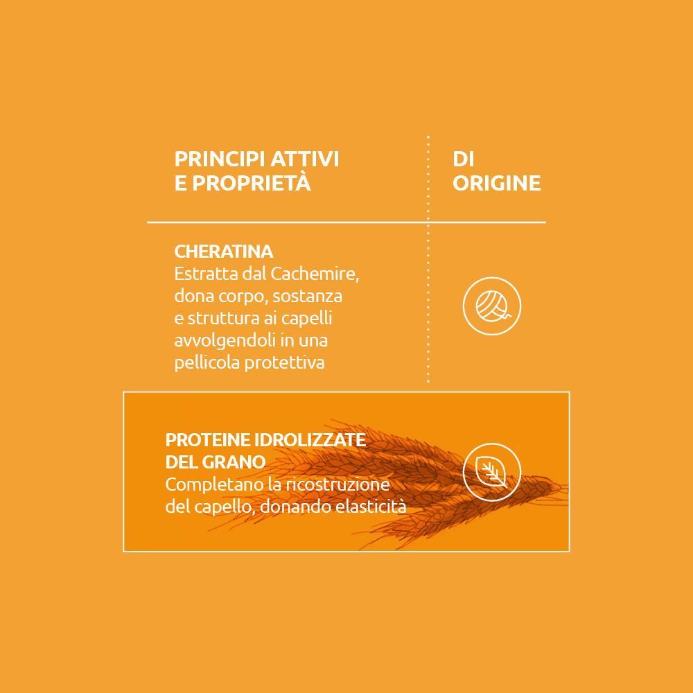 Sfondo arancione con testo italiano su cheratina e proteine del grano.