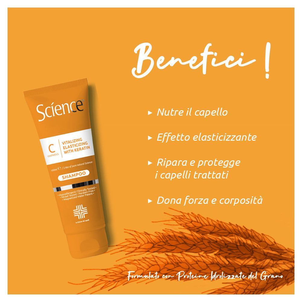 Un tubo di Science Shampoo con Cheratina e Proteine del Grano. Benefici: nutre, elasticizza, ripara, rinforza.