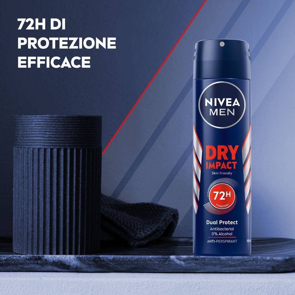 Spray deodorante Nivea Men Dry Impact con protezione 72h e Dual Protect.