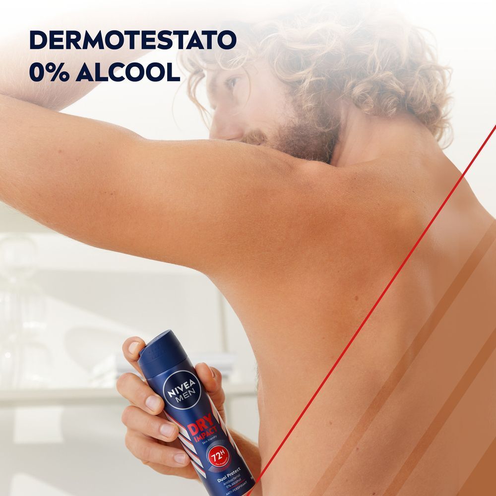 Spray deodorante Nivea Men Dry Impact, 0% alcol, dermatologicamente testato.