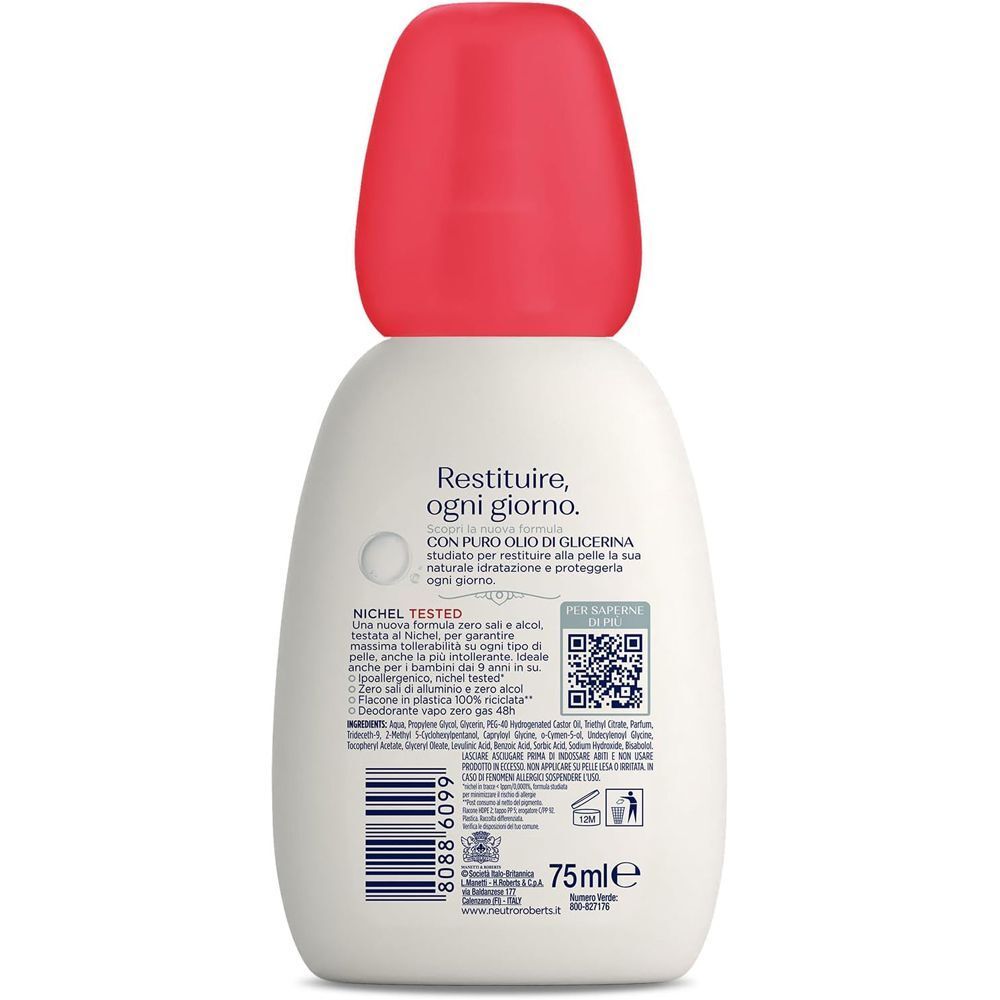 Retro di un flacone bianco con tappo rosso, testo e codice QR.