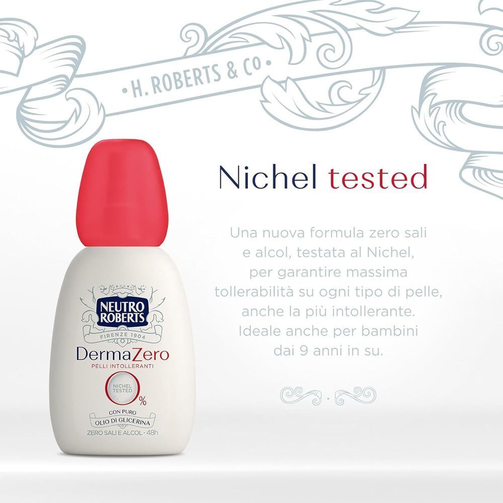 Flacone bianco con tappo rosso, logo Neutro Roberts Dermazero, sigillo "Nichel tested".