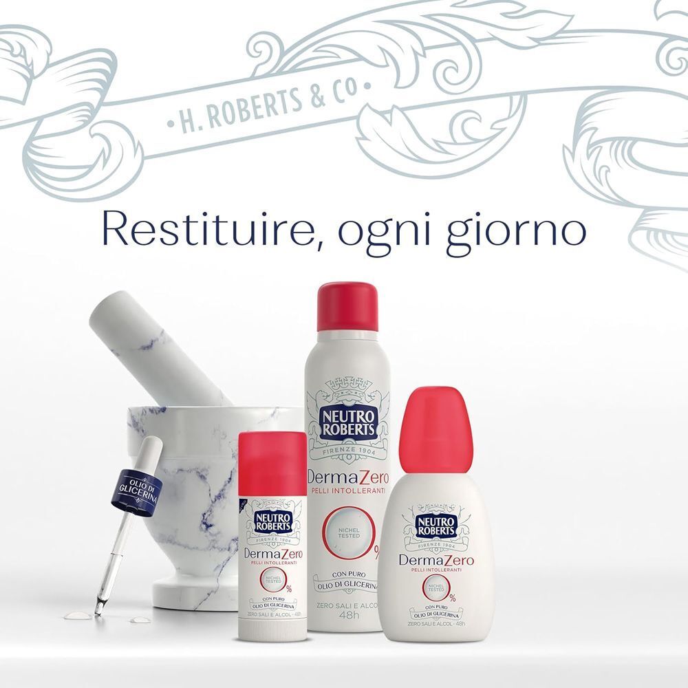Tre prodotti Neutro Roberts Dermazero davanti a un mortaio e pestello.