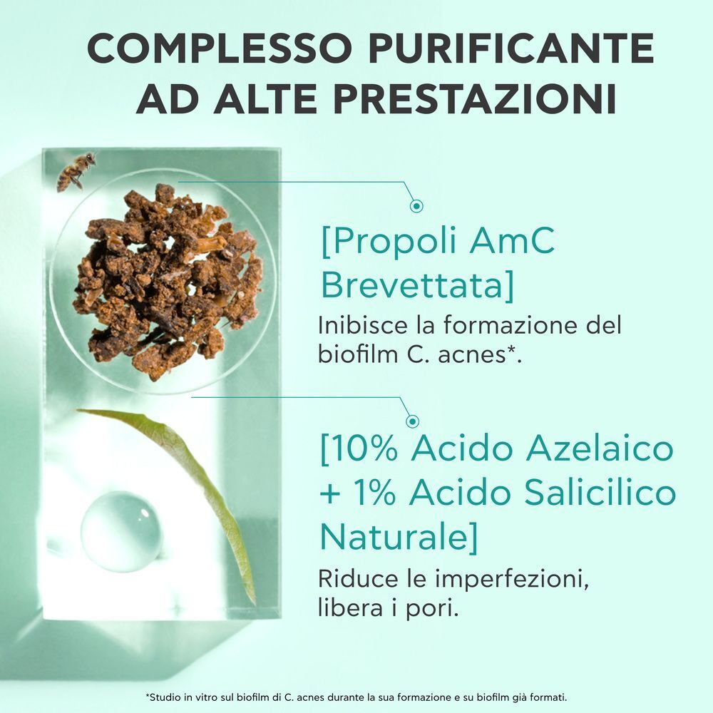 Primo piano di propoli e texture acido azelaico. Testo: 'Complesso Purificante ad Alte Prestazioni'.
