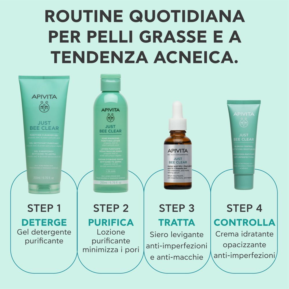 Quattro prodotti Apivita Just Bee Clear: gel detergente, lozione, siero, crema. Testo: 'Routine Quotidiana'.