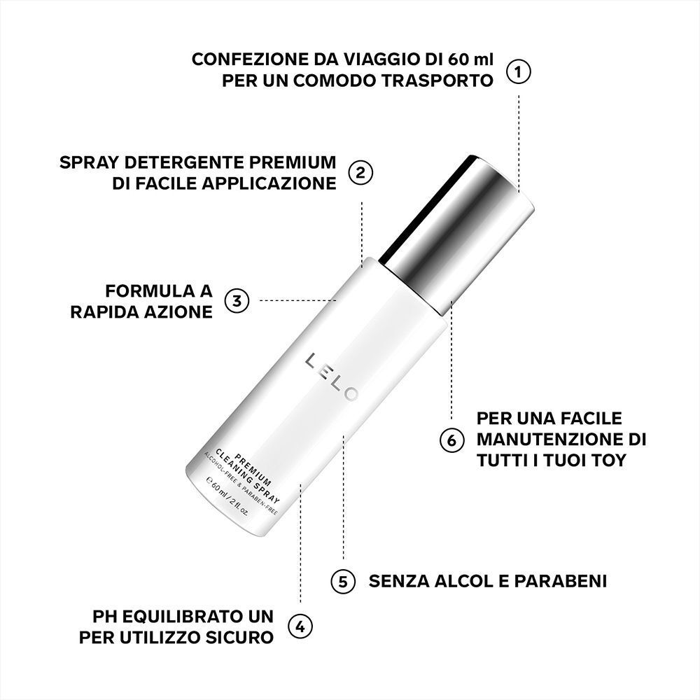 Spray detergente Lelo: flacone da viaggio 60 ml, formula rapida, pH bilanciato, senza alcol.