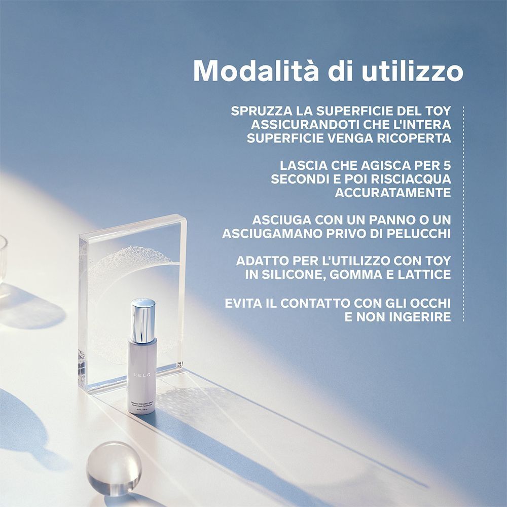 Utilizzo spray detergente Lelo: spruzzare, lasciare agire, risciacquare. Per silicone, gomma, lattice.