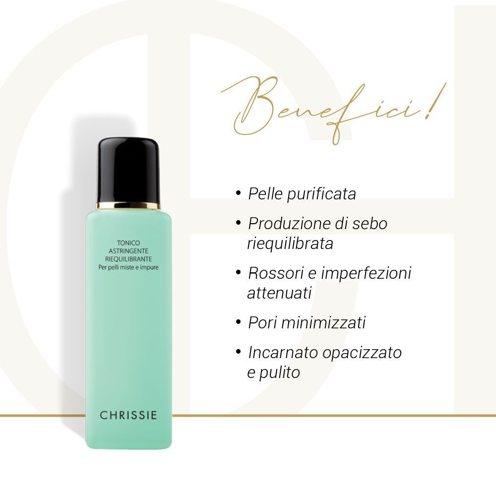 Un flacone di Chrissie Tonico Astringente Riequilibrante Pelli Miste con benefici come pelle purificata e pori minimizzati.