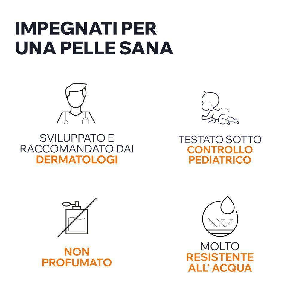 Sviluppato da dermatologi, testato sotto controllo pediatrico, senza profumo e resistente all'acqua.