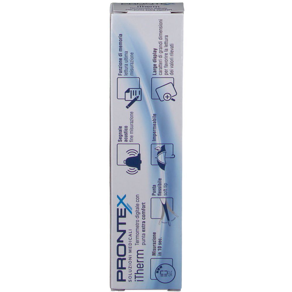 Lato della confezione di un termometro digitale PRONTEX iTherm con caratteristiche del prodotto come punta flessibile e misurazione in 10 secondi.