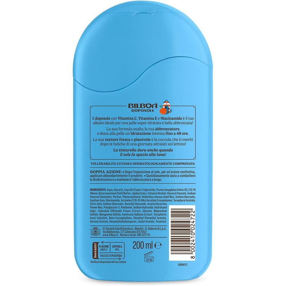 Retro di un flacone blu Bilboa Doposole Ohi Vita-mina con informazioni sul prodotto e indicazione 200ml.