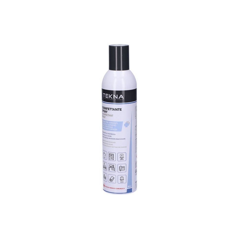 Un flacone di spray disinfettante Tekna con tappo nero ed etichetta bianca che mostra aree di applicazione.