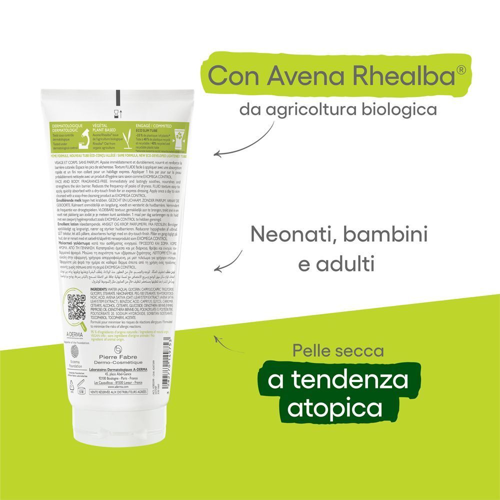 Retro di un tubo di A-Derma Exomega Control Latte Emolliente.