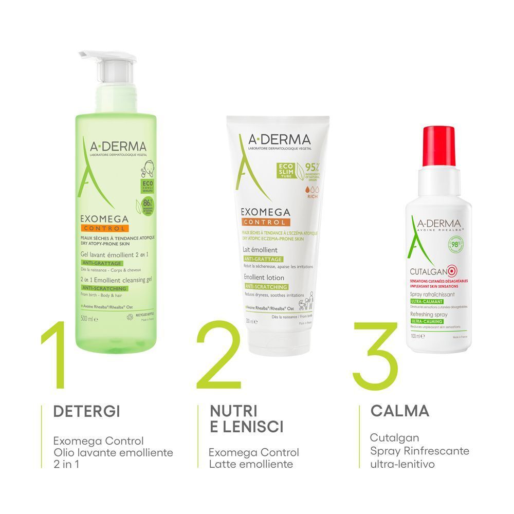 Panoramica prodotti: Detergente e Latte Emolliente A-Derma Exomega Control.