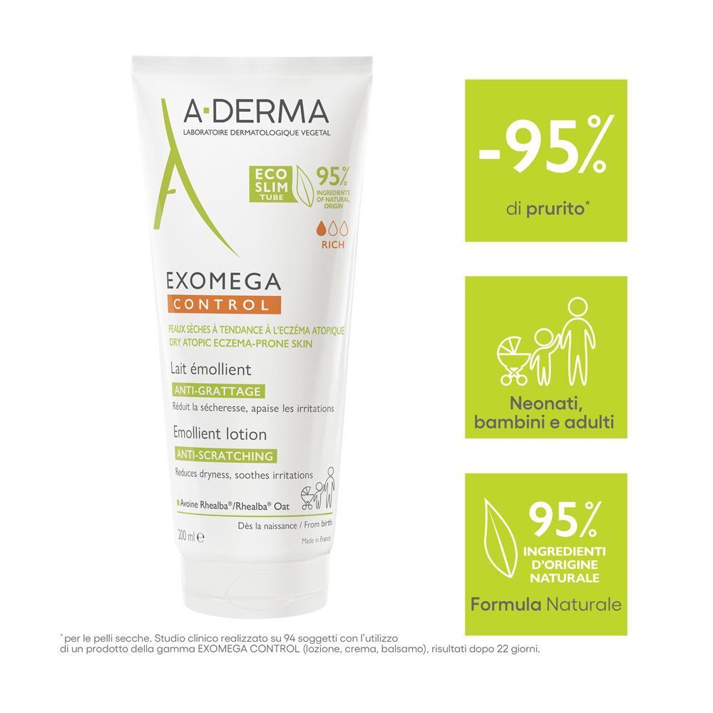 A-Derma Exomega Control Latte Emolliente: 95% meno prurito, per tutte le età.