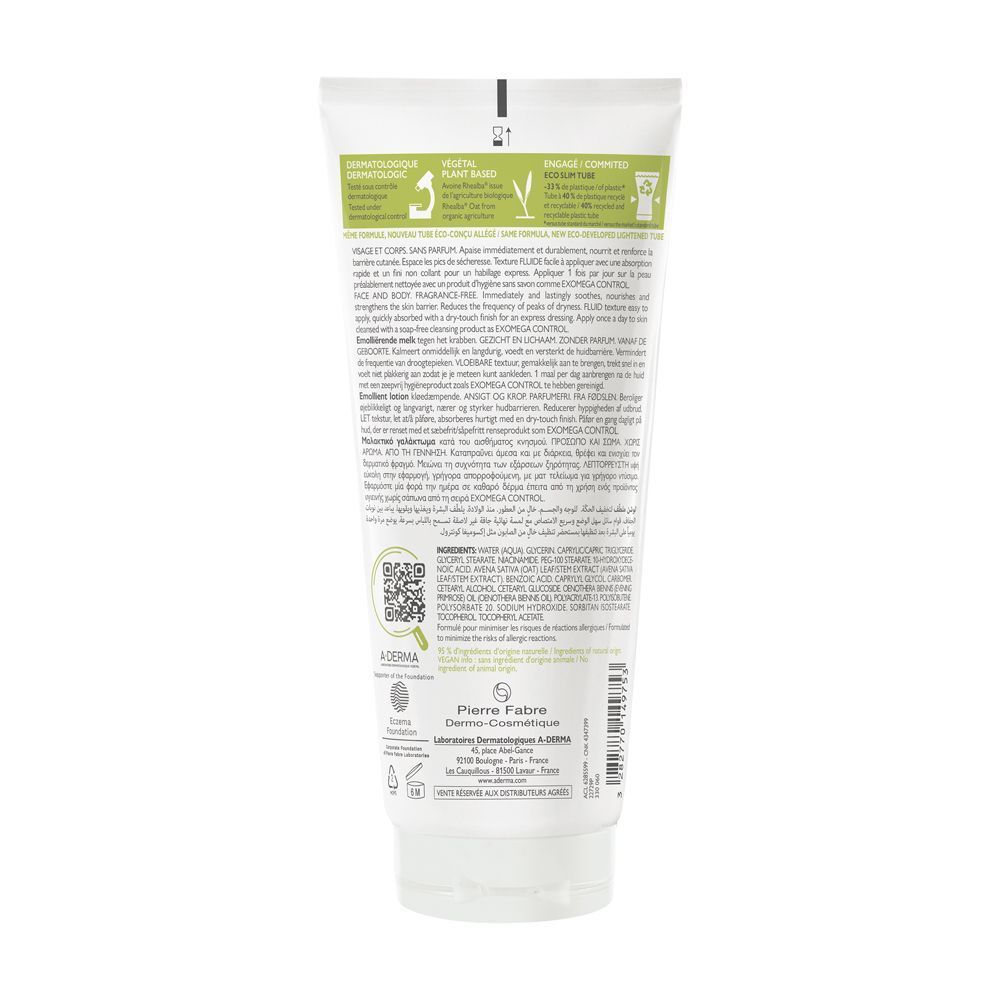 Retro di un tubo di A-Derma Exomega Control Latte Emolliente con ingredienti.