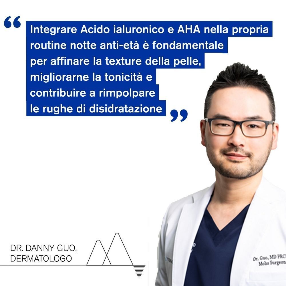 Il dermatologo Dr. Danny Guo raccomanda acido ialuronico e AHA per una migliore texture della pelle.