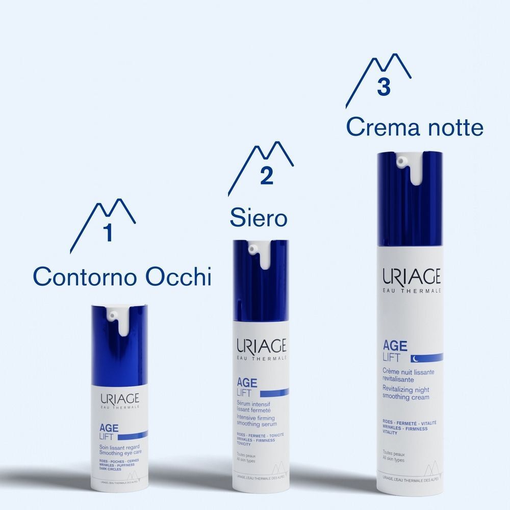 Uriage Age Lift: Contorno occhi, siero e crema notte in diverse dimensioni.