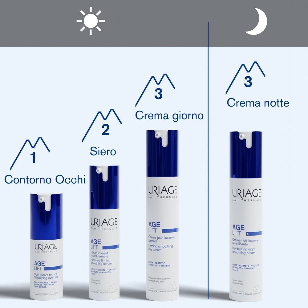 Uriage Age Lift giorno e notte: contorno occhi, siero, crema giorno e crema notte.