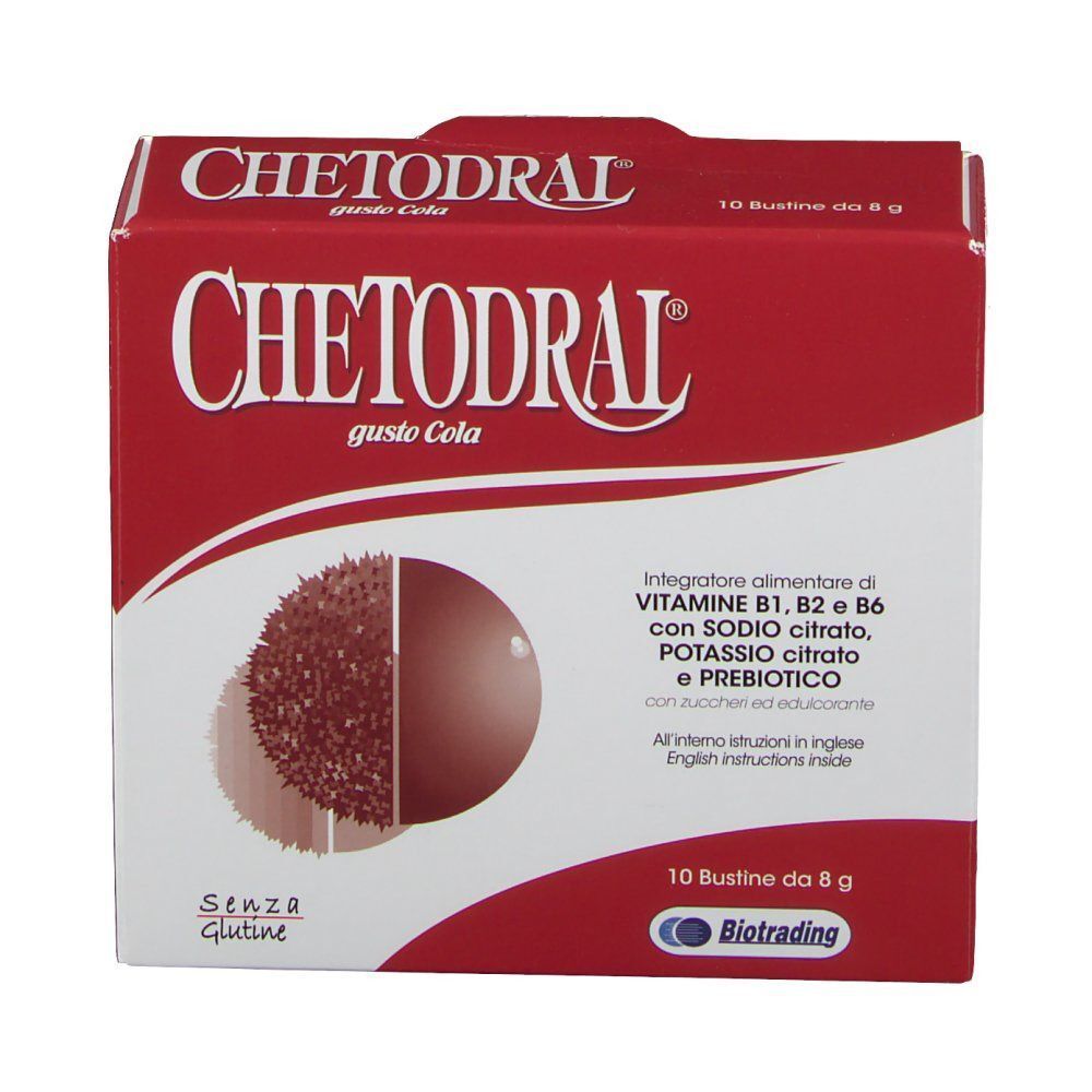 Fronte di una scatola di Chetodral Gusto Cola, rosso-bianco, con rappresentazione di granuli e 10 bustine da 8g.