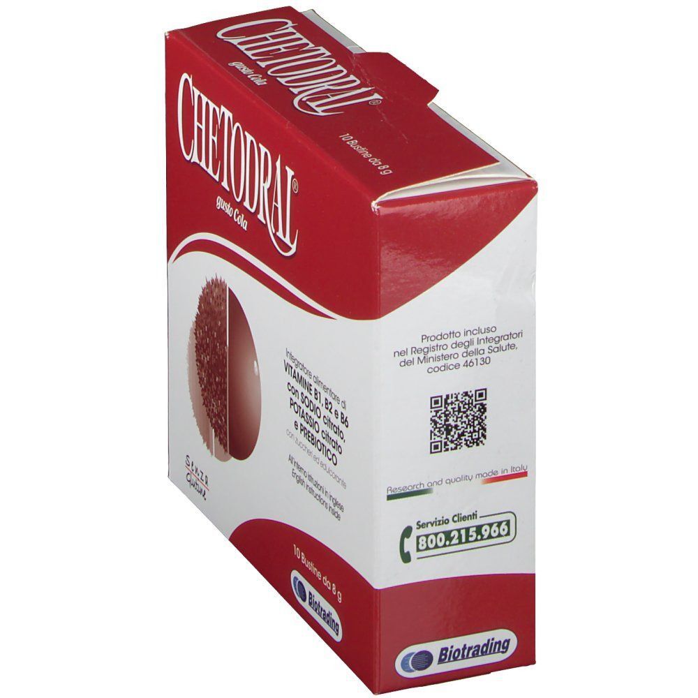 Confezione di Chetodral Gusto Cola, rosso e bianco, vista laterale con QR code e numero di telefono.
