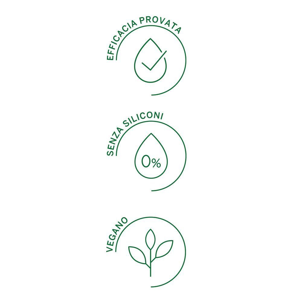 Tre icone verdi: Efficacia provata, 0% siliconi, Vegano.