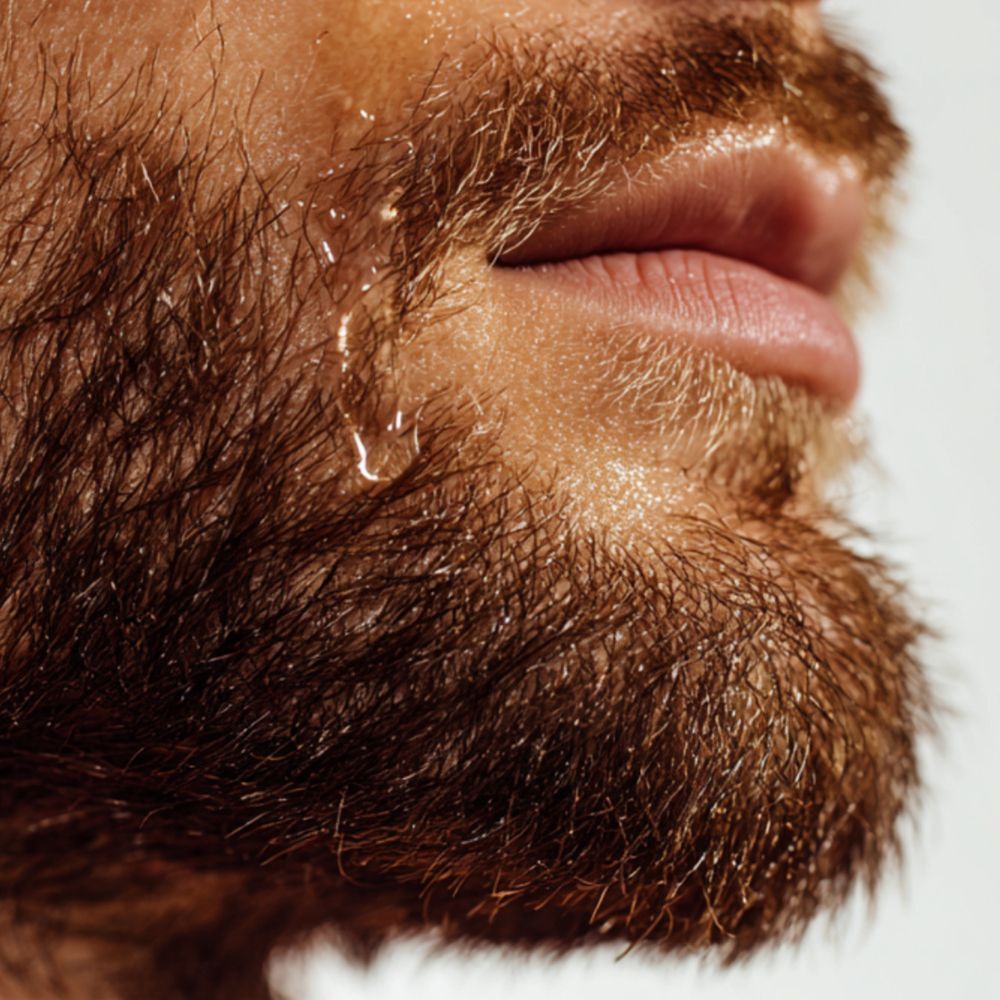 Primo piano di una barba con gocce d'acqua che cadono sui peli.