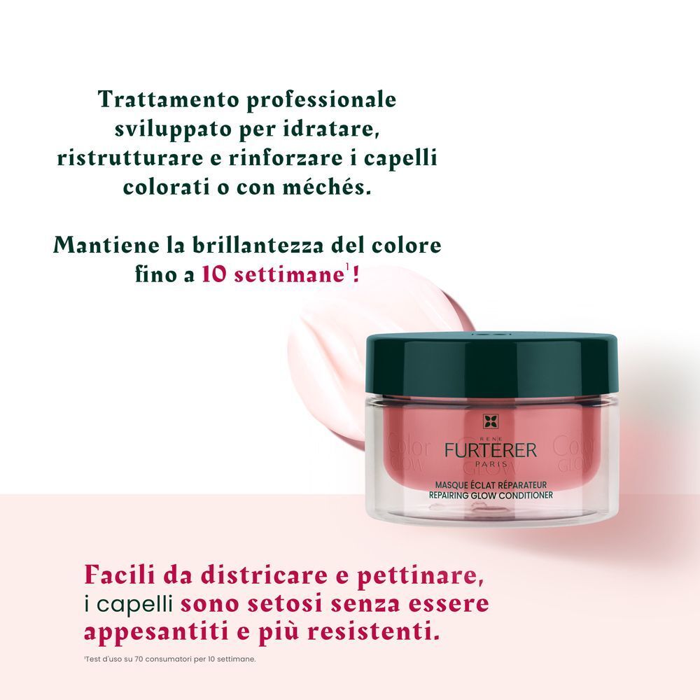 Maschera René Furterer Color Glow in vasetto, con testo sulla cura dei capelli.