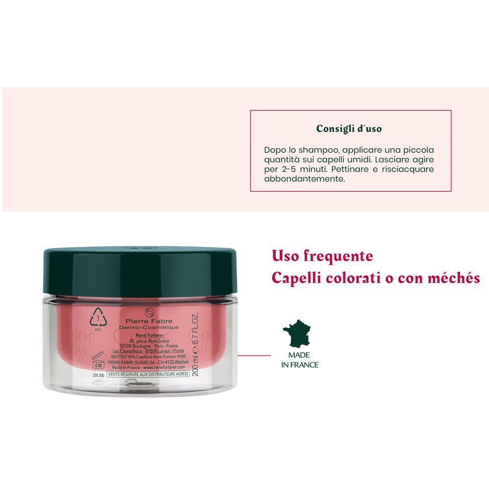 Maschera René Furterer Color Glow in vasetto, retro con informazioni prodotto.