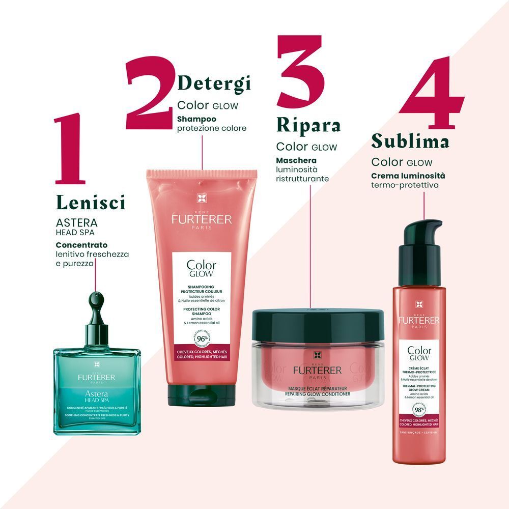 Quattro prodotti René Furterer Color Glow per la cura dei capelli.