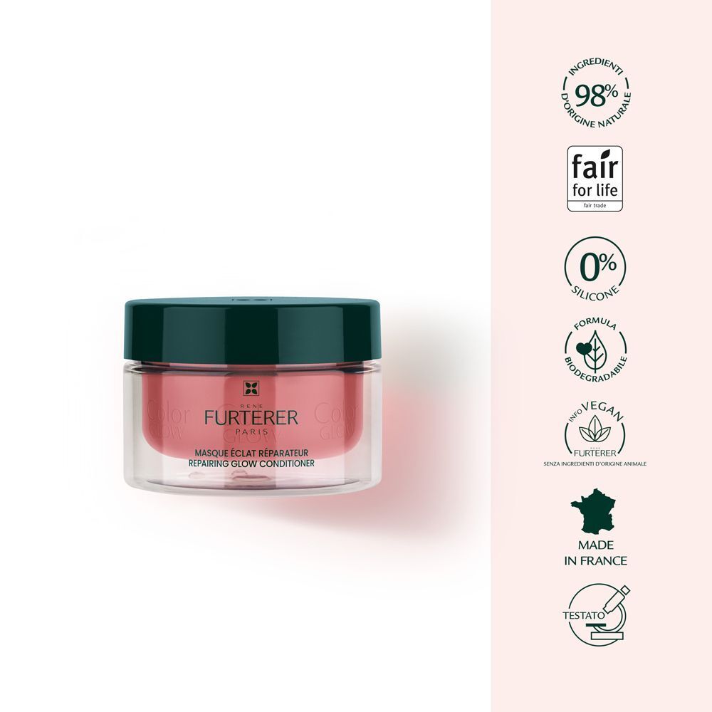 Maschera René Furterer Color Glow con sigilli per ingredienti naturali e formula vegana.