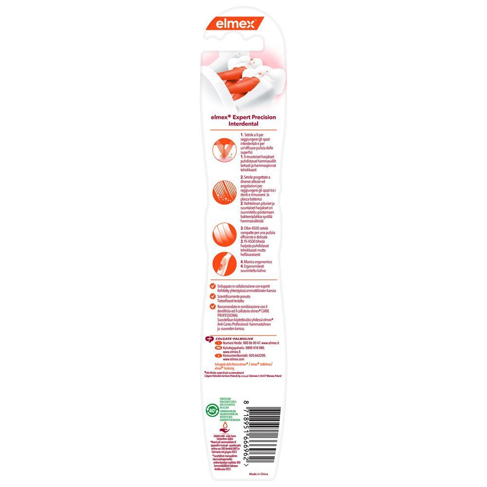 Retro della confezione dello spazzolino Elmex Interdental Expert Precision con istruzioni.