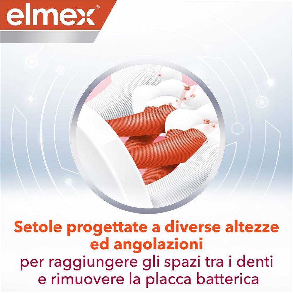 Primo piano delle setole dello spazzolino Elmex Interdental Expert Precision a diverse altezze.