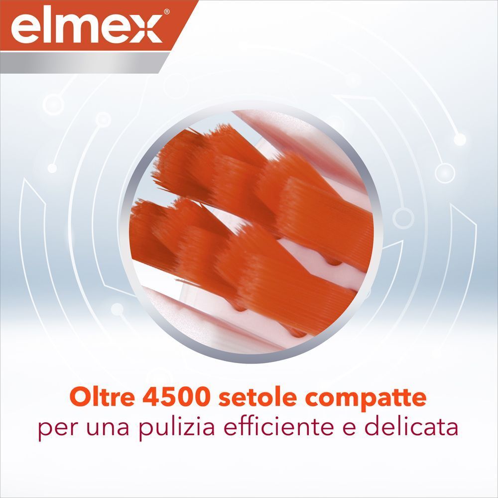 Primo piano dello spazzolino Elmex Interdental Expert Precision con oltre 4500 setole compatte.