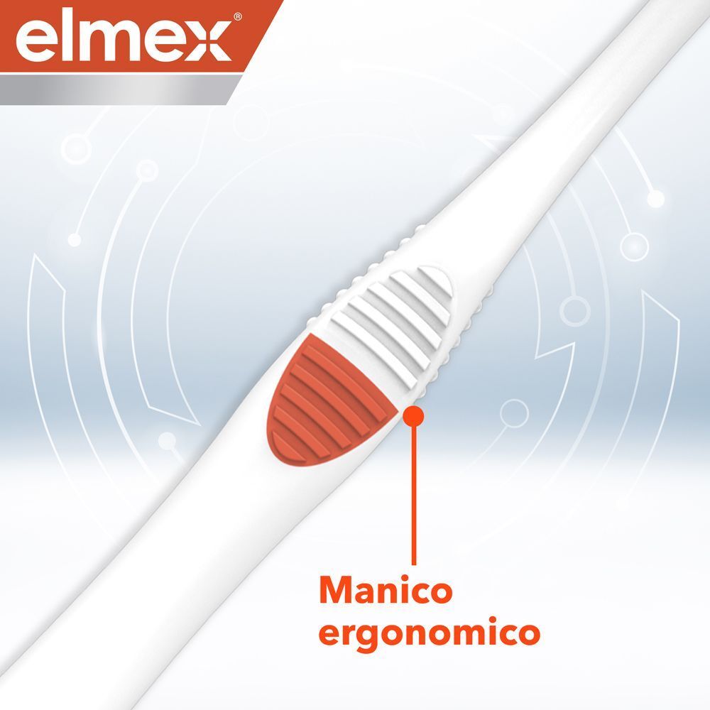 Primo piano del manico ergonomico dello spazzolino Elmex Interdental Expert Precision.