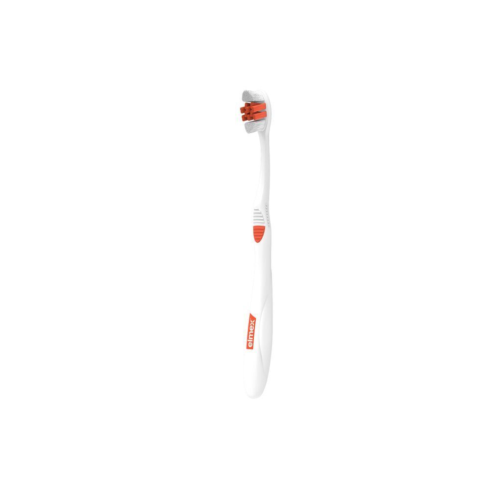 Spazzolino Elmex Spazzolino Interdental Expert Precision, bianco con accento rosso, visto di lato.