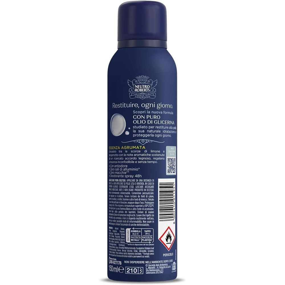 Retro di un flacone spray blu scuro con informazioni sul prodotto e codice a barre.