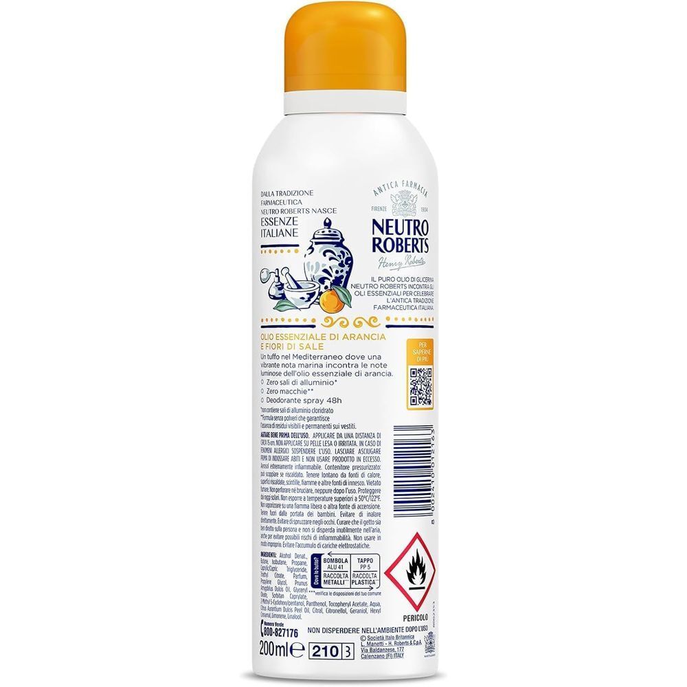 Retro di un flacone spray deodorante NEUTRO ROBERTS ESSENZE ITALIANE SIRACUSA con informazioni sul prodotto e simboli di avvertenza.